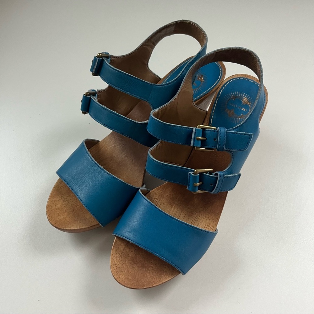 Anthropologie Women's Lucky Penny Leather Wooden Clogs Blue Brown Sz 7 Brazil - Picture 3 of 10